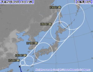 台風18号2017年09月14日午後15時の予報